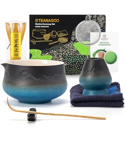 Matcha Set - Matcha Tea Kit met 7-delige matcha set met schenktuit, keramische accessoires en matcha bezem van bamboe - matcha kit voor matcha-liefhebbers (blauw-zwart