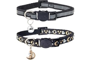 DAIHAQIKO 2 Stück reflektierende Katzenhalsbänder mit Mondglocke Farbe Brillante Haustier Halsband für Kätzchen Kätzchen Anhänger Mädchen Jungen