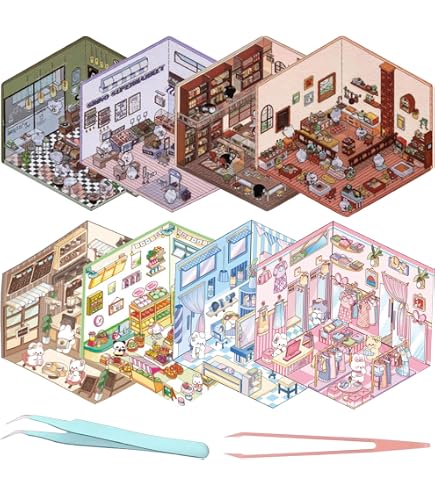 FUFRE 3D-Sticker Set Für Kinder – 8 Themen Wie Café, Supermarkt, Bibliothek, Mit Pinzette, Wiederverwendbar & Kreativ