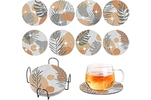Acboor Lot de 8 sous-verres de peinture diamant DIY feuilles vertes avec support - Dessous de verre décoratifs en bois avec kit de peinture diamant pour adultes et enfants débutants