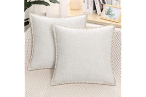 decorUhome Set of 2 Linen Cushion Covers 45X45cm,Decorative Outdoor Plain Vintage Cushion Covers with Stitched Edges, Square Farmhouse Neutral Pillow case 18x18 Inch for Sofa, Beige