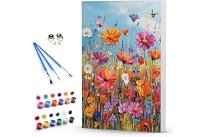 DAERLE Pintar por Numeros Adultos con marco de madera, DIY Pintura por Números Flores en un campo, Pintura al óleo de Lienzo con Pinceles y Pigmento Acrílico 30x40 cm, Flores