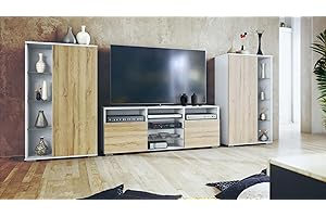 Vladon Wohnwand Davos, Anbauwand bestehend aus 2 Vitrinen und 1 TV-Board, Weiß matt/Eiche Natur (329 x 134 x 35 cm)