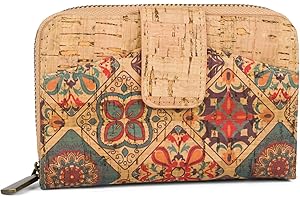 styleBREAKER Damski portfel z korka, kolorowe ornamenty, motyw etno, zatrzask, zamek błyskawiczny, portmonetka 02040146