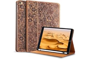 Gexmil Hülle für iPad Mini 5./4. Generation 2019/2015 7,9 Zoll Echt Leder Hülle mit Stylus Halter Anti-Fingerabdruck,Automatischer Schlaf/Aufwachen,Einstellbarer Ständer,Blume Braun