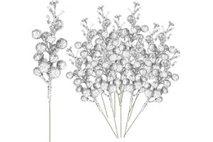 Wyi 24Pcs Christmas Glitter Berries Stems 7.87in Xmas Artificial Fruit Red Berry Stem Simulation Picks Holly Berry Twig for Christmas Tree Wreath Garland Decoration-Silver