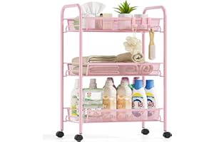 Urackify Carrello multifunzione portatile da cucina a 3 ripiani, per bagno, cucina e lavanderia. Metallo antiruggine, cestino a rete traspirante e gancio laterale inclusi. Facile da montare, Rosa