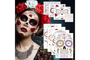 LLNRC Tatouages Halloween Pour Visage,Squelette Autocollants de Crâne de Sucre de Tatouages Jour du Maquillage Mort,Faciaux,Crâne Mort Floral,Crâne De Tatouages Pour Adulte Enfants Halloween Maquillage