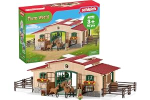 schleich FARM WORLD | Häststall med hästar och tillbehör 42195 | Set med stall, paddock, 2 hästar, flickfigur och tillbehör | Bondgårdsleksak från 3 år