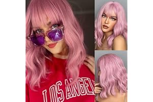 Kellynee Pink Bob Wig with Bangs - Shoulder Length Pink Wigs for Women, Short Curly Synthetic Heat Resistant Hair, Natural Looking, Best Cute Wigs for Daily/Halloween/Party/Cosplay
