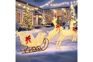 GOPLUS Renne avec Traîneau à 280 Lumières LED, Décorations Noël Extérieure Lumineuse, Éclairage de Noël à LED Blanc Chaud, Deco Noel Interieur Exterieur avec Nœuds et Boules