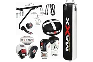 MAXX PRO BOXING GEAR Maxx Home Gym Boxing Punch Bag Set Black White (3ft, 4ft, 5ft) with Gloves, Focus Pads, Floor Anchor Bracket, Rope, Hand Wraps & Chain – Complete Training Kit