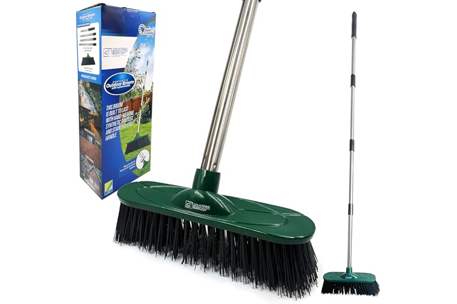 Yard Broom Outdoor Heavy Duty, 10” Garden Broom Synthetic Hard Bristle Brush Head with Strong Handle, Stiff Sweeping Brush Outdoor