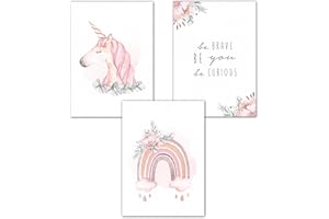 DOUBLE CRITICAL Lemmami Papeterie 3er Set Wandbilder Kinderzimmer Poster Babyzimmer Deko Mädchen Jungen Bilder DIN A4 Dekoration Einhorn Regenbogen Be Brave Be You (3er Bilder Set Rosa, Pastell, Wanddeko)