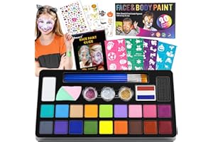 HMEUEST Face Painting Kit, 20 Colors Face Paints for Children, Non-Toxic & Washable Face Piant for Halloween Make Up, Including Glitter, Stencil, Tattoo for Kids - Unique Gift