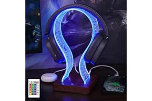 YuanDian Headphone Stand with 16 Changing Colors, Wooden Headset Holder with 1 USB Charging Port and 1 Type-C Charging Port Touch Control with Remote, Gift for Gamers, Men, and Music Lovers