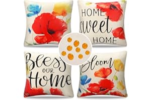 HomeStilez Copricuscini Divano da Esterno 50x50 Impermeabili Lino Federe Cuscini Fiore Rosso Decorazioni per la Casa Estive Federe per Cuscino Stile Boho per Balcone Giardino Esterno, Set di 4
