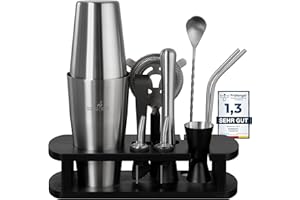 BARMINGO Edelstahl Cocktail Set 11tlg – 825ml Boston Cocktail Shaker Set mit Ständer und Bar Zubehör, Cocktailshaker Set, Barkeeper Set | Cocktail Mix Set | Barset | Boston Shaker | Schwarz Silber