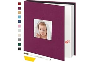 Miaikoe Large Photo Album Self Adhesive Scrapbook Album for 4x6 5x7 8x10 Pictures,60 Pages Linen Cover Album with Display Window DIY Book with A Metallic Pen and Scraper (Purple)