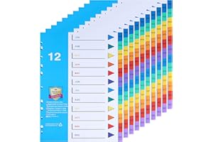 DONGLI (Lot de 10) A4 Intercalaires en Plastique, Feuillets Intercalaires 12 Positions,Intercalaires avec Onglets Multicolores,Numérotés de Jan-Dec