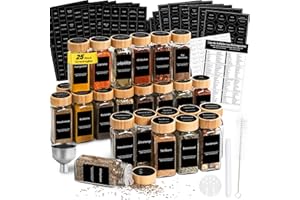 Bathola Gewürzgläser Eckig 25er Set mit Bambusdeckel, Gewürzdosen Set mit 512 Etiketten, 120ml Gewürzgläser mit Streueinsatz, Kreidestif, Trichter & Bürste (Schwarzes Rund & Schwarzes Quadrat)