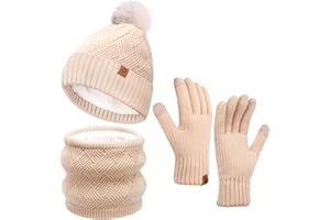 KULAMO Bonnet Écharpe et Gants à Écran Tactile, Ensemble Chauds d'hiver 3 en 1 avec Double Polaire Chaud Écharpe Chapeau, Homme Femme Tricotés Ensemble d'hiver Bonnet écharpe Gants d'écran Tactile