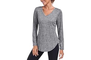 Deaviya Womens Gym Tops Long Sleeve Sports T-Shirt UK, V-Neck Workout Yoga Tops Ladies Running Tee Shirts, Activewear Loose Fit Quick Dry