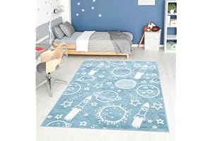 carpet city Tapis pour chambre d'enfant - Motif espace - Bleu - 140 x 200 cm - Tapis pour enfant à poils courts avec étoiles, fusées, planètes - Poils doux