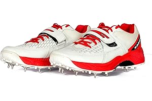 4 WITH QUIVE Sega Reach Performance Cricket Shoes Metal Spikes Cricket Boots for Men White & Red Sports Training Outdoor Sneakers Optimal Traction Comfortable Fit Shock Absorption Breathability Best Price in UK