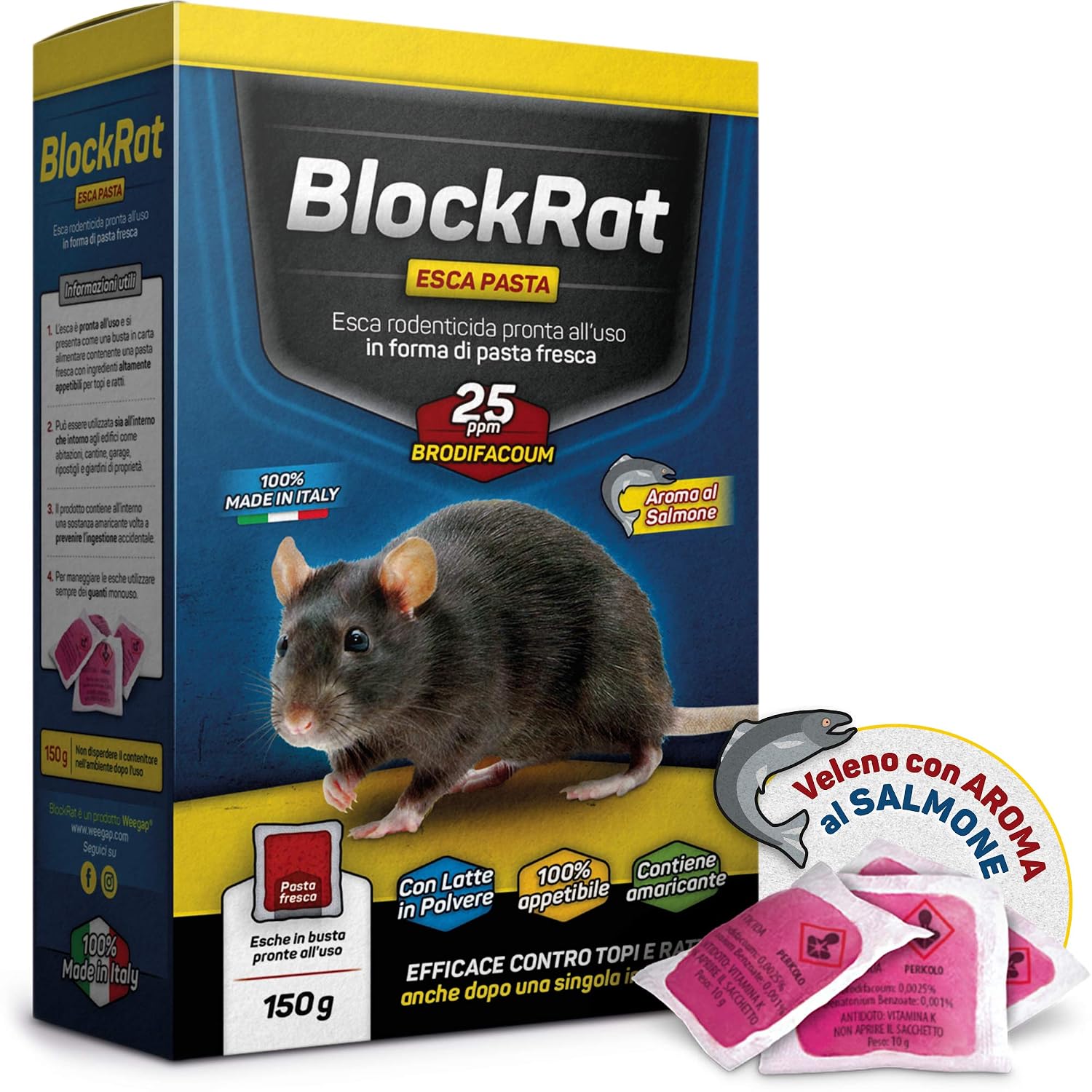 Veleno per Topi Professionale, Esca Topicida Ratticida in Bustine di Pasta Fresca, Novità Aroma al Salmone, Rodenticida Potente Rosso, Uso Esterno ed Interno, 100% Made in Italy - BlockRat 150 g
