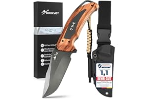 BERGKVIST® Bushcraft Messer ONE mit feststehender Full Tang Klinge (9,7 cm) - Mitführen in Deutschland erlaubt - Survival Messer für Outdoor mit Echtholz-Griff, Holster, Feuerstahl & mehr