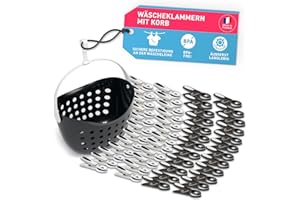 ‎CULICLEAN 48 Wäscheklammern mit Korb stabil/Klammerkorb schwarz, Wäschekluppen ohne Abdruck, Klammern Wäsche, Soft Clip groß schwarz weiß, Wäscheklammerkorb zum Aufhängen auf Wäscheleine und Wäscheständer