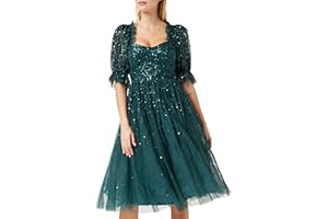 Maya Deluxe PL1-2012 Damska sukienka damska Midi Sequin Embellished Frilly Sweetheart Neckline Puffed Sleeves na wesele, studniówkę, sukienka wieczorowa, szmaragdowy (Emerald Green), 34