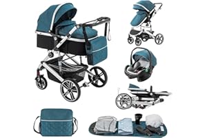 Lnhcrbs Baby Stroller 3 in 1 with Car Seat, Travel Stroller Frame is Aluminium,with Sleeping Basket Clips, Baby Stroller is Foldable, Rain Cover, Mosquito Net, Suitable for 0-48 Months,22Kg,Blue