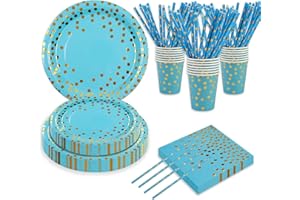 80Stück Geburtstag Party Geschirr Set, Blau Gold Punkt Dekorationen Geschirrspüler Geburtstagsfeier Teller Servietten Papierbescharen Stroh für Mädchen Frauen Glückliches Geburtstagsdekor Serviert 16