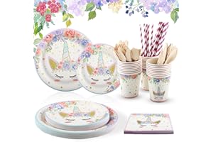 Assiettes Anniversaire Rose Licorne, Vexillic Set de Vaisselle de Fête Licorne 200 Pièce Decoration Anniversaire Licorne Fille Assiettes Tasses Serviettes Fourches (25 Invités)