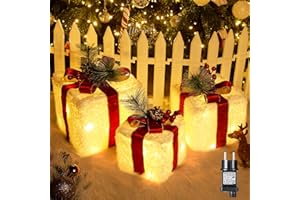 LED Geschenkbox, Elktry Weihnachtsdeko mit 60 LED 3 Set außen innen, Beleuchte Weihnachtenbox mit behaarter Textur für Weihnachten, Strom Geschenkbox unter Weihnachtsbaum/Fenster/Garten Stehen
