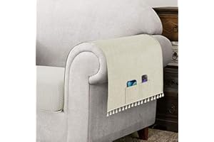 Hokibero Cream Armchair Cover for Arms Sofa Arm Protector Covers Armrest Slipcover for Recliner Chair Linen Armrest Cover for Living Room Couch Sofa Arm Covers, Set of 2, Tassel Edge with Pockets