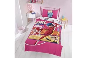 Coco Moon Set copripiumino e federa per bambini, double face, per letto singolo, biancheria da letto a tema supereroi, motivo: Miraculous/Ladybug, con scritta “Girl Power”