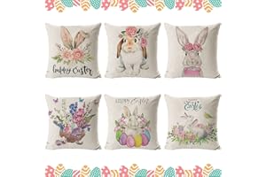 MECCTUCK 6 poszewek na poduszki wielkanocne, 45 x 45 cm, dekoracyjne poszewki na poduszkę, dekoracja wielkanocna, lniane poszewki na poduszki, wzór zajączków i jajek, na Wielkanoc, sofę, kanapę, łóżko, dekoracja domu