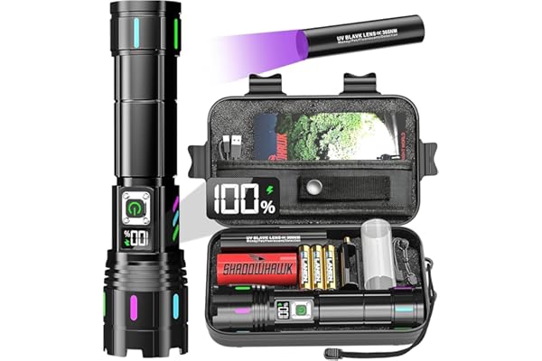 Shadowhawk Lampe Torche Led Ultra Puissante 1,000,000 Lumens | Militaire 12H Éclairag Lampe de Poche Rechargeable, Flashlight Longue Portée pour Camping/Randonnée, Anti-Perte & LCD Display