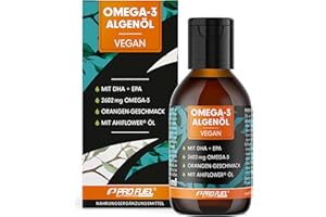 ‎PROFUEL Omega-3 Algenöl 100 ml - hochdosiert mit 3665 mg Algenöl, davon 1203 mg DHA & 667 mg EPA - veganes Omega-3 Öl + Ahiflower® Öl mit angenehmem Orangen-Geschmack - laborgeprüft mit Zertifikat