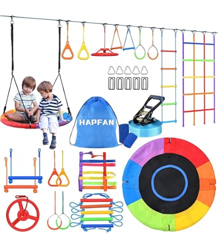 Ninja Slackline Obstacles Set 2 x 15,24 m Slacklines, 226,8 kg laadvermogen Ninja Obstacle Course, Buitenspeeltoestel, Speeltoestel voor in de tuin, Set met 12 Obstacles | NL Ninja Slackline Obstacles Set 2 x 15,24 m Slacklines, 226,8 kg laadvermogen Ninja Obstacle Course, Buitenspeeltoestel, Speeltoestel voor in de tuin, Set met 12 Obstacles | NL