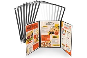 WenYa Lot de 10 couvertures de menu A5 - 3 pages - 6 vues (triple pliage) - Style café - Bordure noire transparente - Avec protections d'angle en métal - Convient pour le papier de format A5 pour