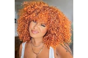 COLORFUL PANDA ColourfulPanda Perruque Femme Afro Perruque Rousse Naturelle Bouclée Cheveux Jerry Kinky Wig Cap 150% Densité auburn perruques avec frange pour femmes noires