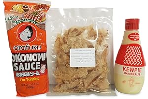 OTSUMAMI-LAND Okonomiyaki Zutaten 500g Okonomi-Sauce Soße, 355ml japanische Mayonnaise QP Kewpie, 25g Katsuobushi, Bonitoflocken Grundzutaten