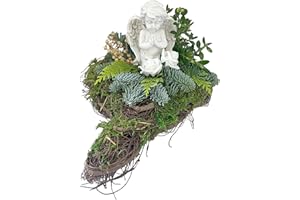 Passion MaDe Rebenherz Grabgesteck Grabschmuck Grabaufleger Grab Urnengrab Friedhof Totensonntag Allerheiligen wetterfest Tannengrün frische Tanne Herz braun Engel Rosen weiß (25)