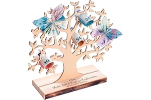 ‎CASA VIVENTE Geldbaum aus Erlenholz mit Gravur zur Konfirmation, Deko-Lebensbaum, Geldgeschenk für Jungen und Mädchen, Verpackung für Geldgeschenke, Konfirmationsgeschenk