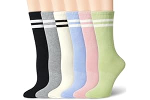 TIALFAS 6 Paires Chaussettes Sport Femme Running Chaussette Hautes Femmes à Rayures Tendance Humidité Wicking Respirable Chausette Coton Socks pour Fille Entraînement Filles Gym