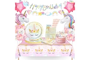 yosiio Einhorn Geburtstag Partygeschirr Set, Pappteller Kindergeburtstag Set, Einhorn Geburtstag Party Geschirr mit Luftballons, Einhorn Geburtstagsdeko Party Tischdecke für Kinder, Geburtstag Mädchen